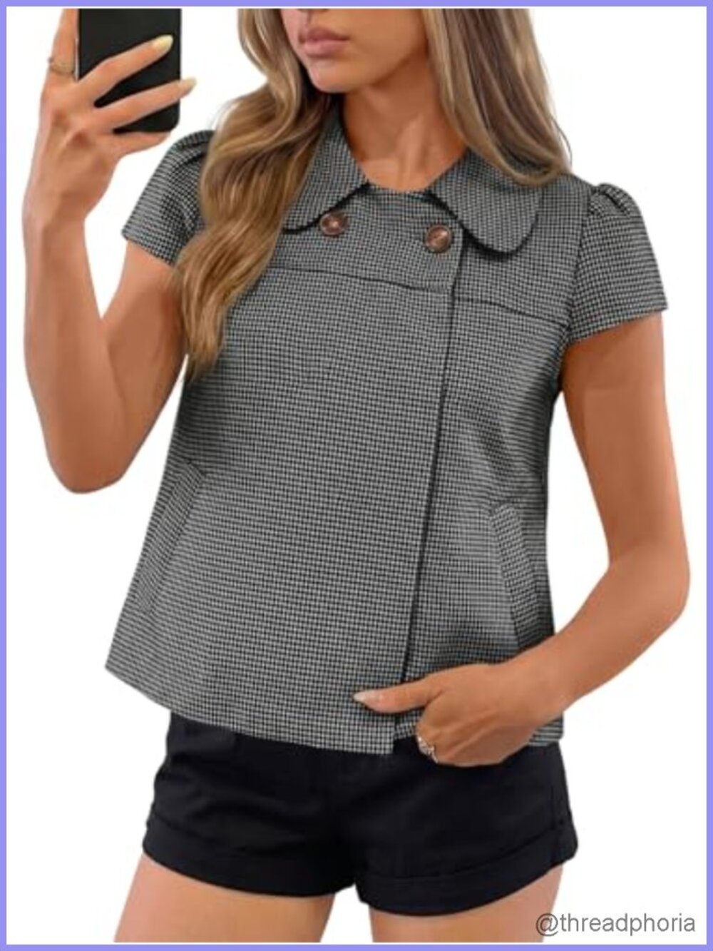 Womens Vintage Peter Pan Collar Blouse Cap Sleeve Y2K Button Up Shirt with